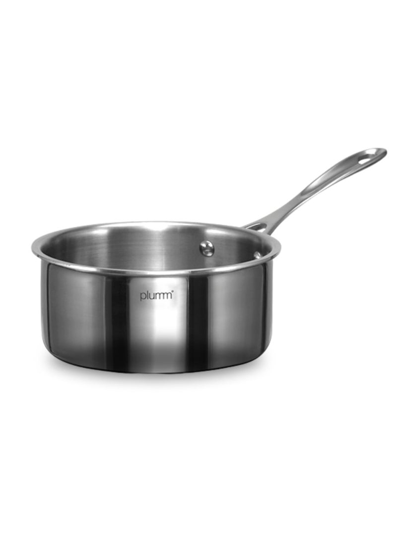 Plumm Triply Stainless Steel Saucepan with Lid Stay Cool Cast Handle Food Safe Durable Dishwasher Safe Induction Gas Ready 5Year Warranty 25 mm Thickness Silver 18cm 2 LTR