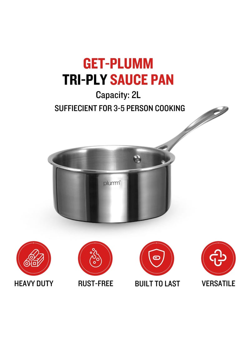 Plumm Triply Stainless Steel Saucepan with Lid Stay Cool Cast Handle Food Safe Durable Dishwasher Safe Induction Gas Ready 5Year Warranty 25 mm Thickness Silver 18cm 2 LTR