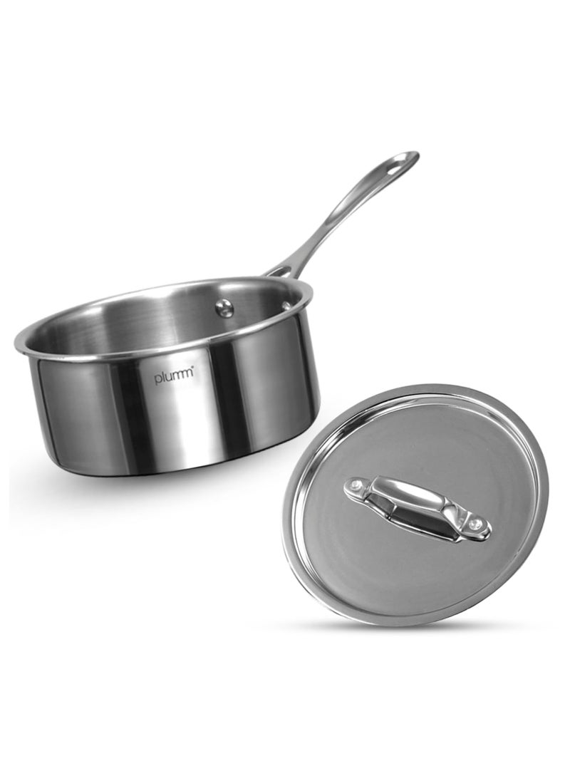 Plumm Triply Stainless Steel Saucepan with Lid Stay Cool Cast Handle Food Safe Durable Dishwasher Safe Induction Gas Ready 5Year Warranty 25 mm Thickness Silver 18cm 2 LTR