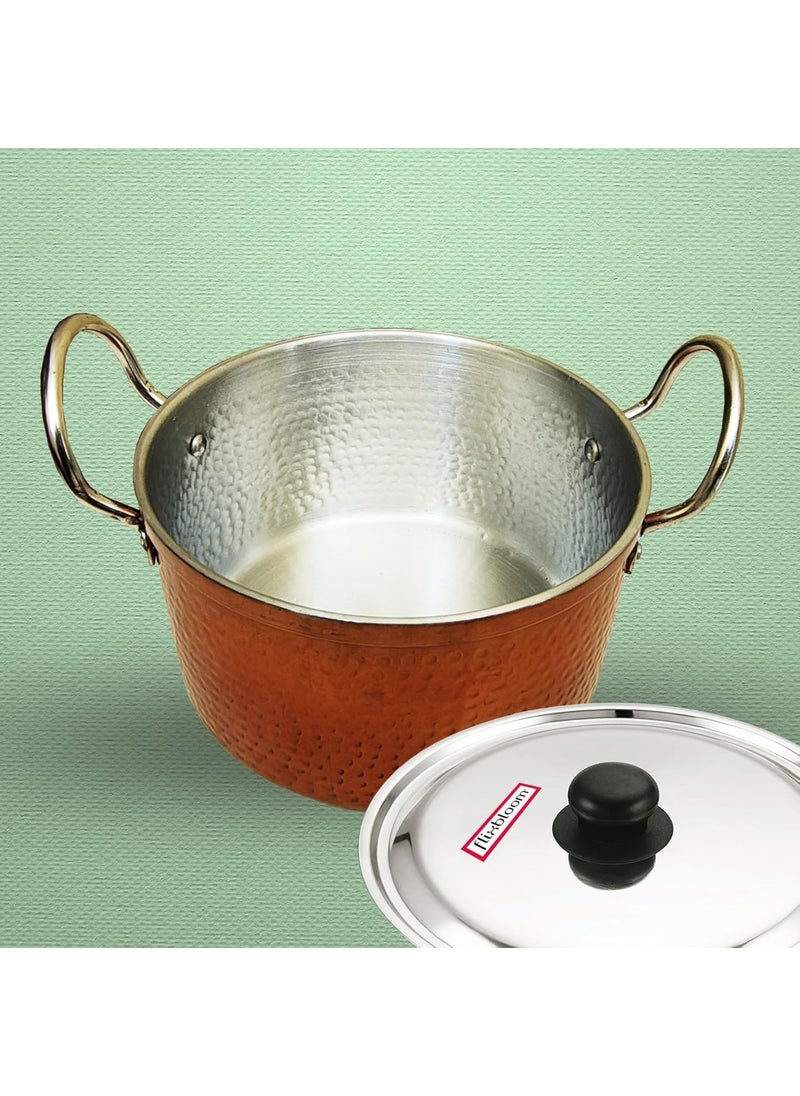 Flixbloom Latest Hammered Induction BaseLPG Friendly Kitchen Cooking Pot Cookware with Stainless Steel Lid Sauce Pot for BiryaniCooking Serving Outer Copper Finish 5 Litre