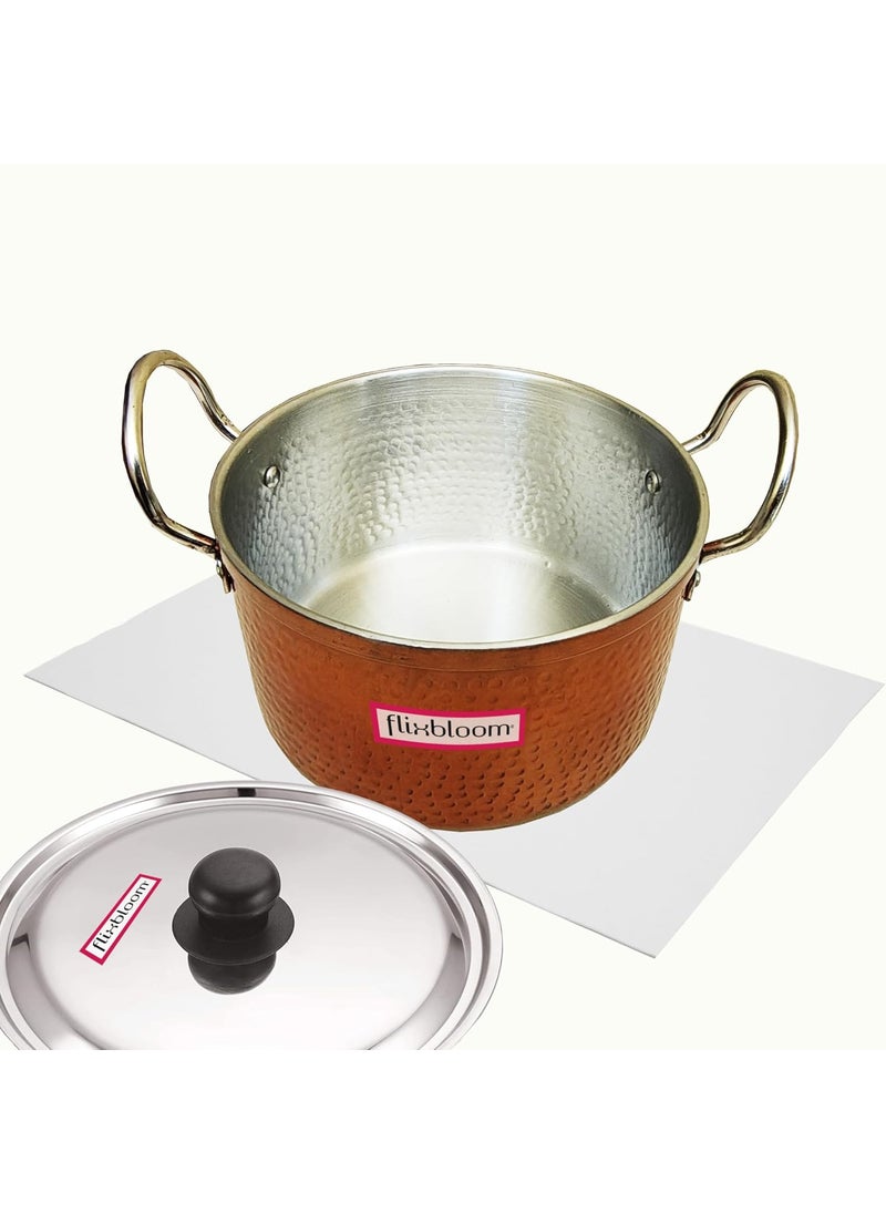 Flixbloom Latest Hammered Induction BaseLPG Friendly Kitchen Cooking Pot Cookware with Stainless Steel Lid Sauce Pot for BiryaniCooking Serving Outer Copper Finish 5 Litre