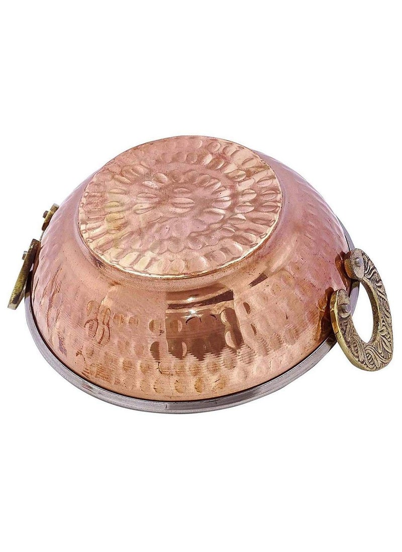 Indian Copper Stainless Steel Serving Karahi Pan with Brass Handle 7 Inches