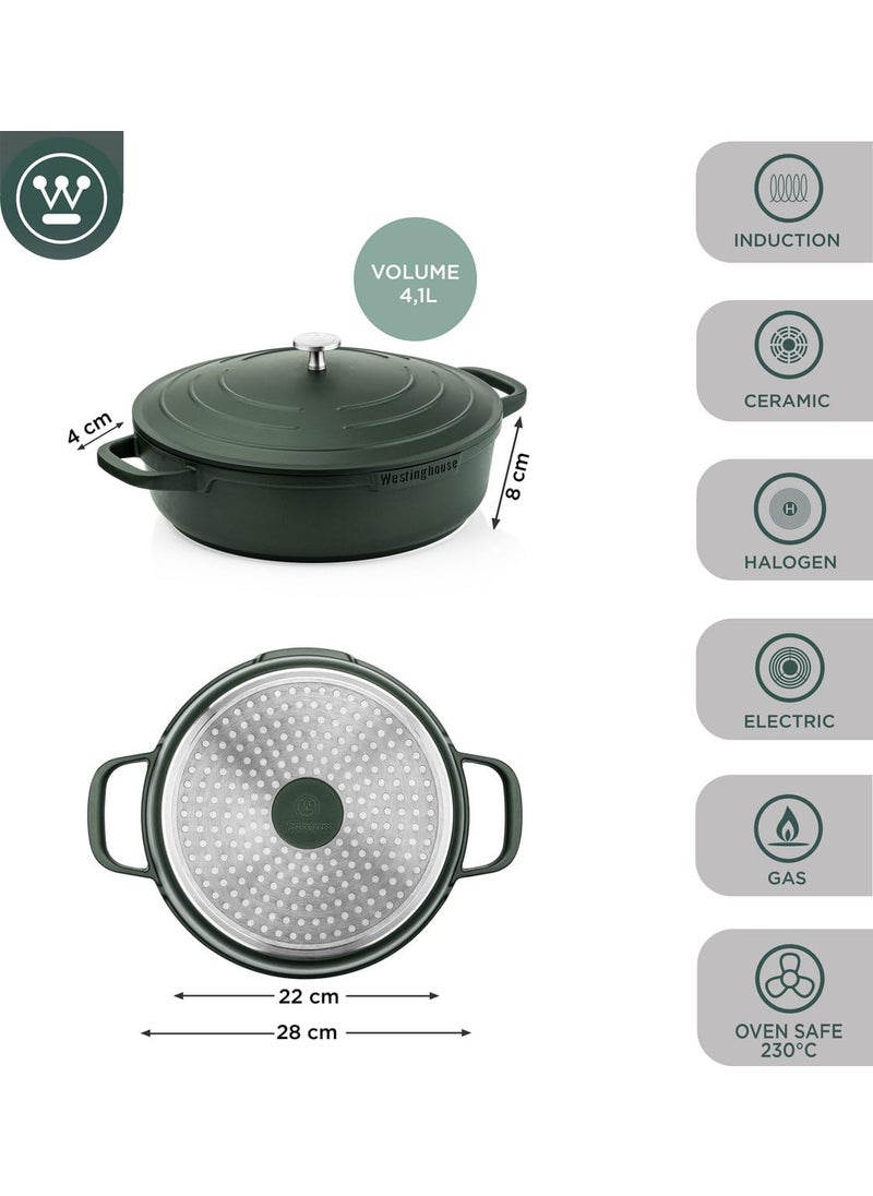 Westinghouse Performance Series 28 cm Green Casserole Saut Pan with Lid Handle Holder NonStick Induction Oven Safe Dishwasher Friendly HeavyDuty Aluminum Cookware for All Hobs