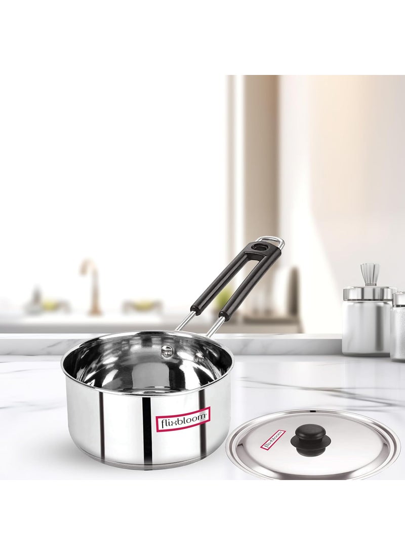 Flixbloom Ambit Stainless Steel Induction Base TriplyBottom SAS LPG Friendly Cookware Sauce Pan TeaMilkWater Boil with Sturdy Riveted Virgin Handle Sauce pan with Lid 3 Litre