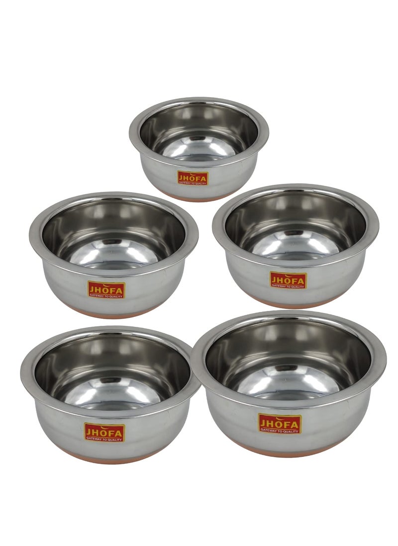 JHOFA Utensils Crockery Induction Stainless Steel Copper Bottom Kitchen Serving, Cooking Bowl | Handi Set 5-Pieces | Biryani Handi 500ml to 2800ml