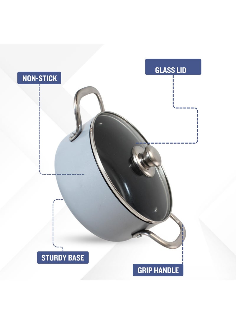 Get Plumm Sauce Pot Cookware with Handle Granite Stone Kadhai with Lid Induction Base Biryani Pot Glass lid Cool Touch Stainless Steel Handle Cooking Handi Pot 24cmGrey White