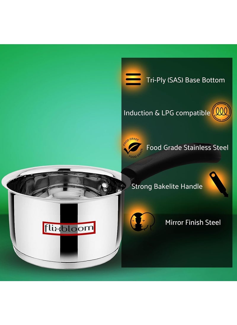 Flixbloom Special Induction Gas Stove Friendly Sauce Pan Stainless Steel Saucepan Deep Bottom with Handle Induction Base for Tea Milk Maker Vessel Cooking 1 Litre TPan