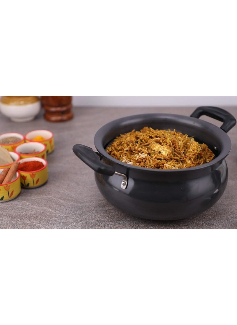 Flixbloom Mega Edge Black Hard Anodised Induction Base GravyBiryani Handi for Cooking with Stainless Steel Lid Cook n Serve Cookware Set 3 Litre