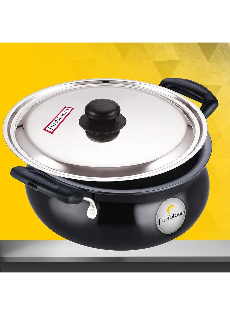 Flixbloom Mega Edge Black Hard Anodised Induction Base GravyBiryani Handi for Cooking with Stainless Steel Lid Cook n Serve Cookware Set 3 Litre