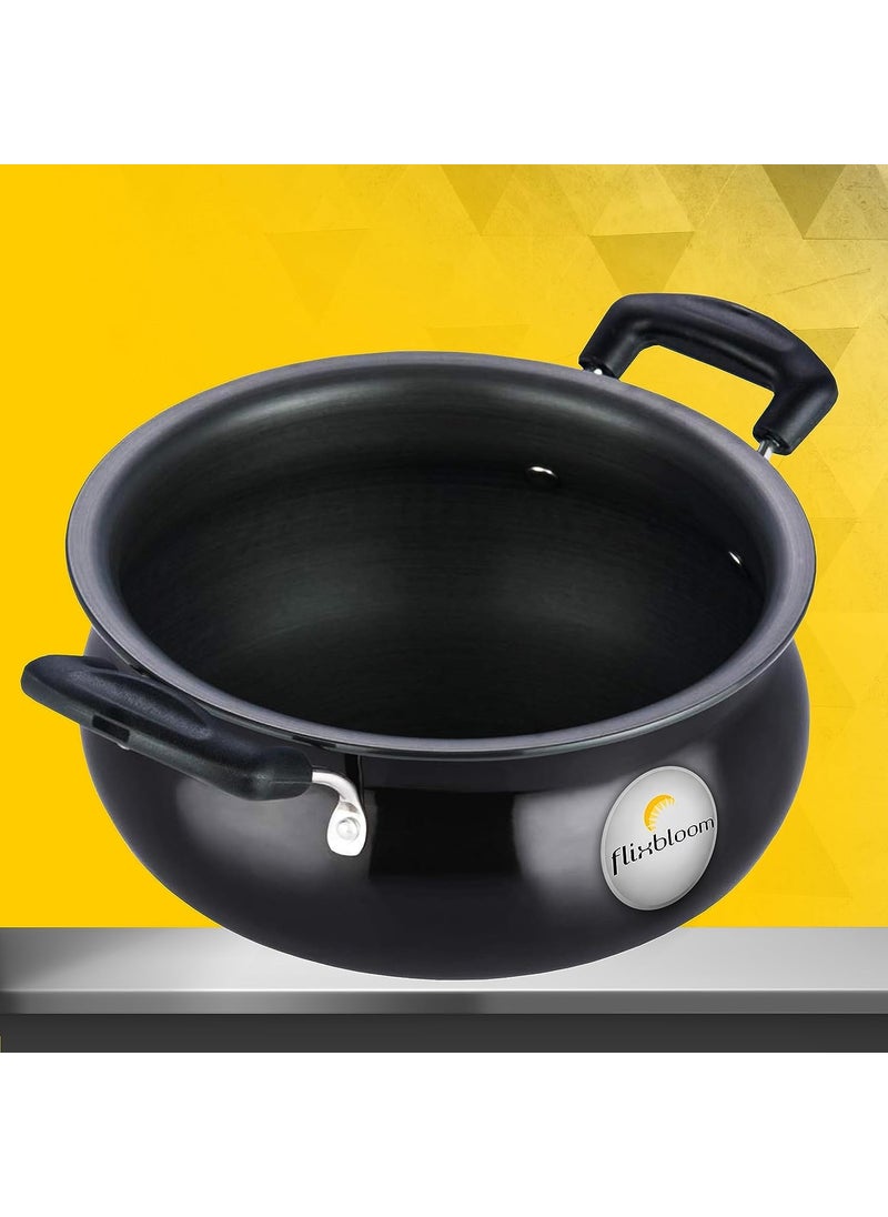 Flixbloom Mega Edge Black Hard Anodised Induction Base GravyBiryani Handi for Cooking with Stainless Steel Lid Cook n Serve Cookware Set 3 Litre