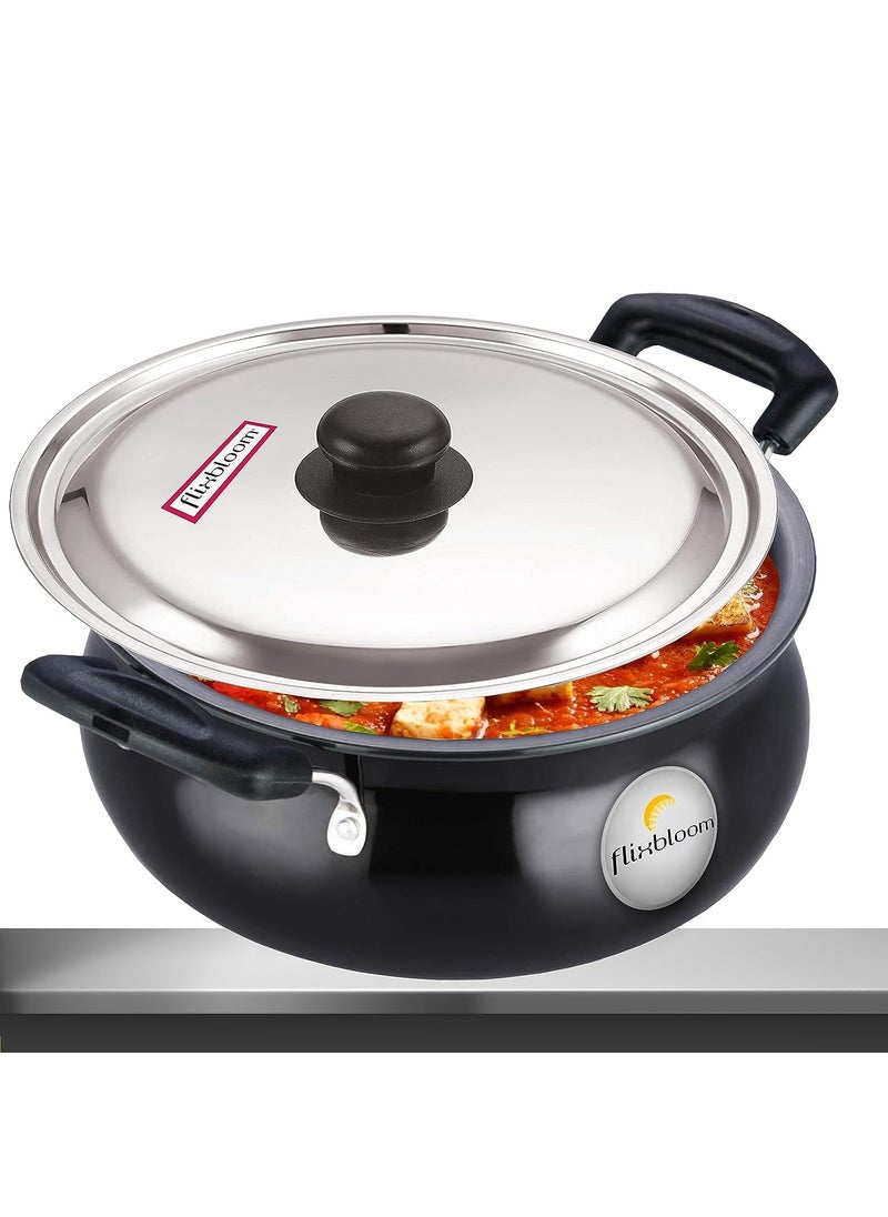 Flixbloom Mega Edge Black Hard Anodised Induction Base GravyBiryani Handi for Cooking with Stainless Steel Lid Cook n Serve Cookware Set 3 Litre