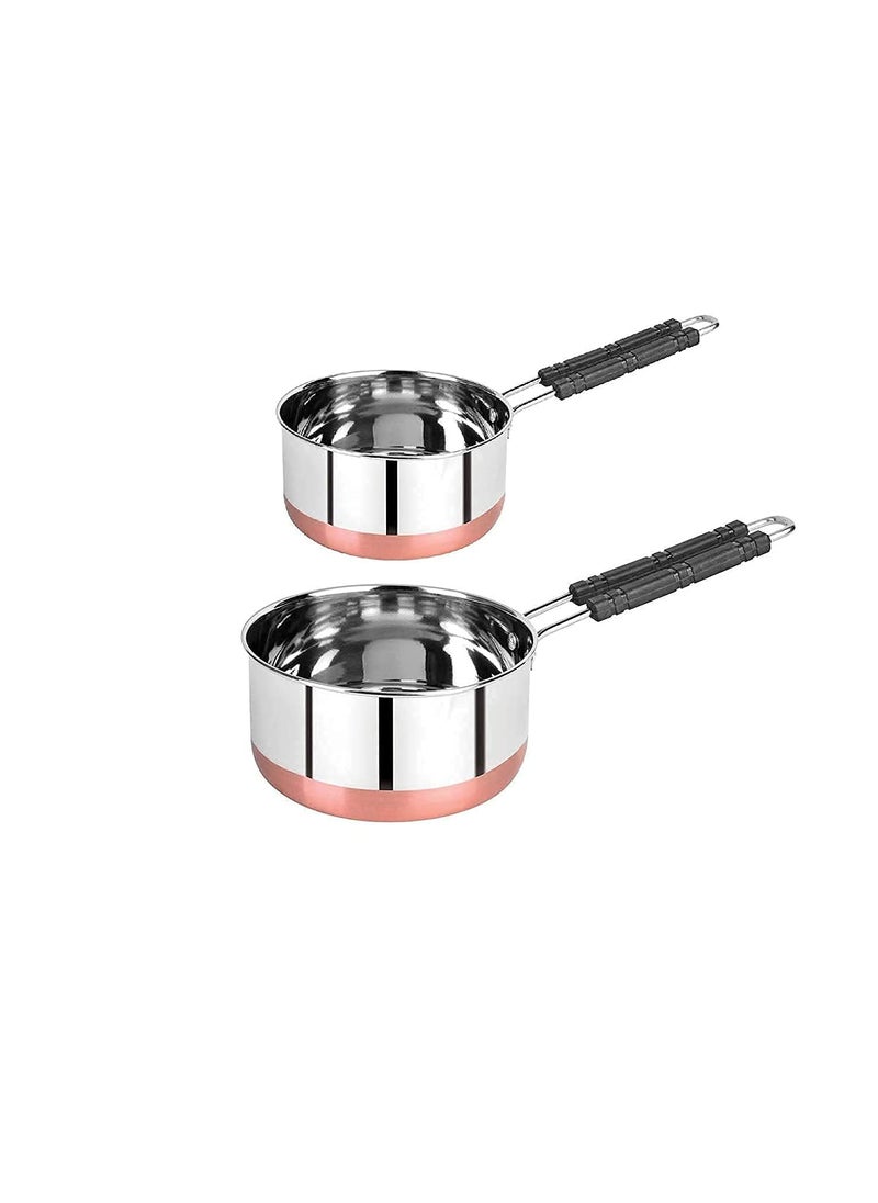 BHATI Stainless Steel Copper Bottom Saucepan Tea Coffee Pan Milk Pan Pot Induction Base Sauce Pan with Heat Proof Handle Combo 1 Liter