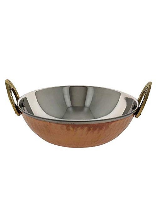 Indian Copper Stainless Steel Serving Karahi Pan with Brass Handle 5 Inches