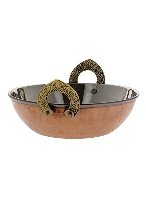 Indian Copper Stainless Steel Serving Karahi Pan with Brass Handle 5 Inches