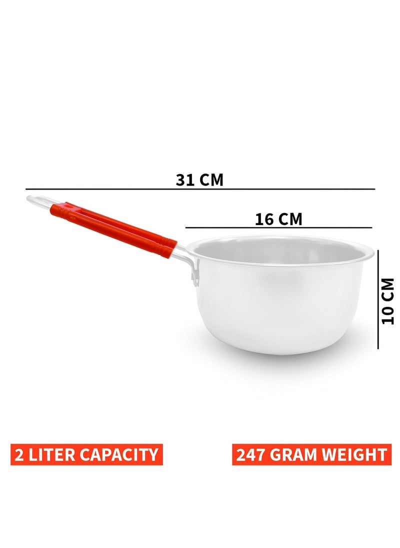 SNKM Stainless Steel Saucepan 2 Litre and Plastic Orange Handle Thick Gauge Unbreakable Milk PanTea Pan with Premium Steel Mirror Finish 2 Liter Pack of 1