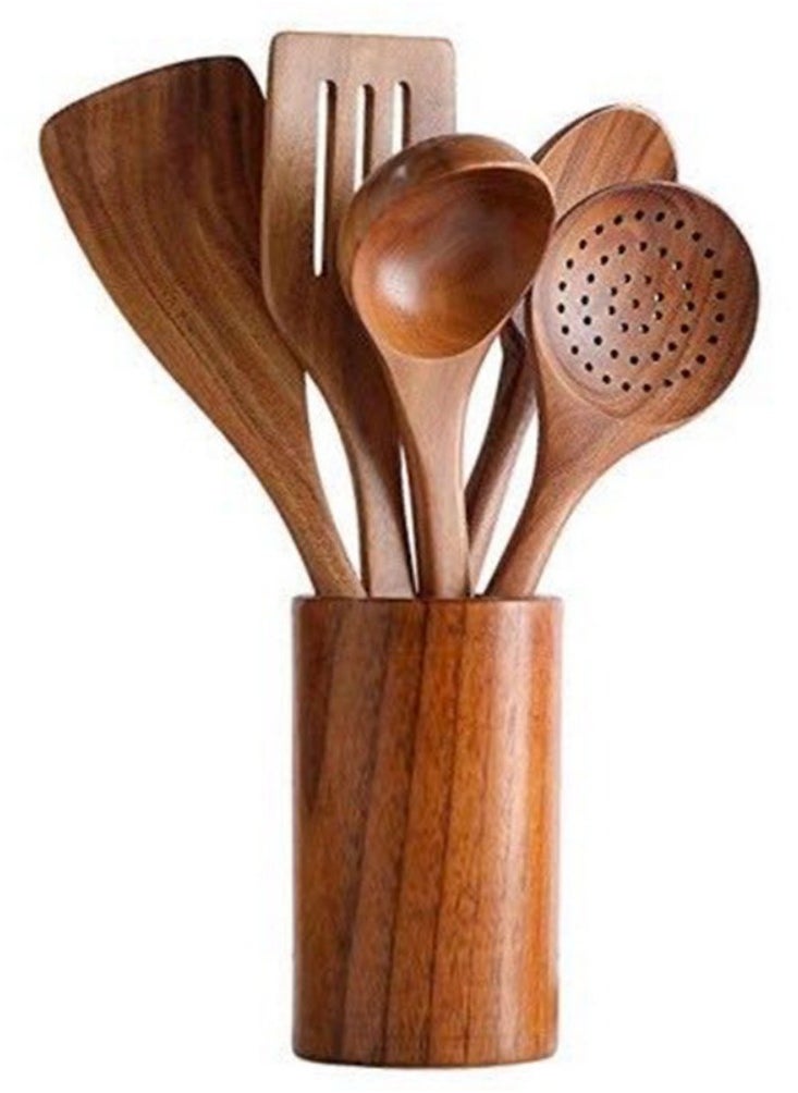 Healthy Cooking Utensils Set Wooden Cooking Tools And Storage Wooden Barrel Natural Nonstick Hard Wood Spatula And Spoons Set Of 6