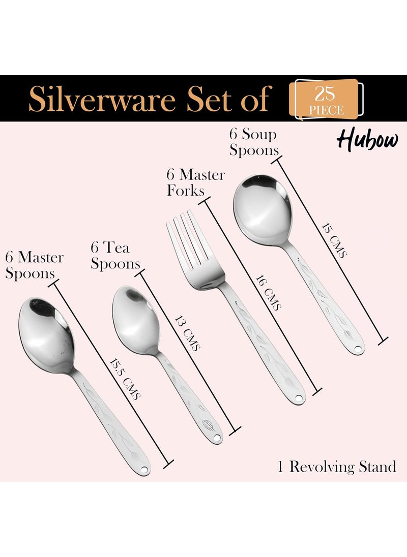 Hubow 25 Piece Butterfly Cutlery Set with Stand for Kitchen Dining Table 6 Tea Spoon 6 Baby Spoon 6 Fork Spoon 6 Soup Spoon 1 Stand Mirrored Shiny Polished Stainless Steel Spoon