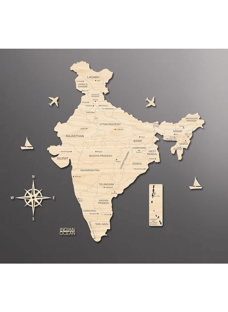 AD INFINITUM 3D Wooden Map of India Home Decor Office Decor A great gift for travelers Wall decor State and Capital names with Borders Beige Maple 4x3 Feet