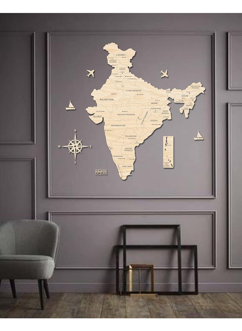AD INFINITUM 3D Wooden Map of India Home Decor Office Decor A great gift for travelers Wall decor State and Capital names with Borders Beige Maple 4x3 Feet
