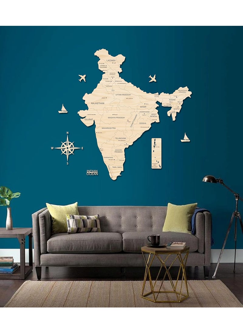 AD INFINITUM 3D Wooden Map of India Home Decor Office Decor A great gift for travelers Wall decor State and Capital names with Borders Beige Maple 4x3 Feet