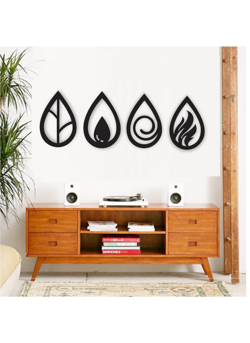 300Sparkles 4 Elements Wooden Wall Decor Water Drop Shape Hanging Frame Home Decorative Gift Item For Office Living Room Bedroom Kids Room Decoration Black 4 Pcs Set