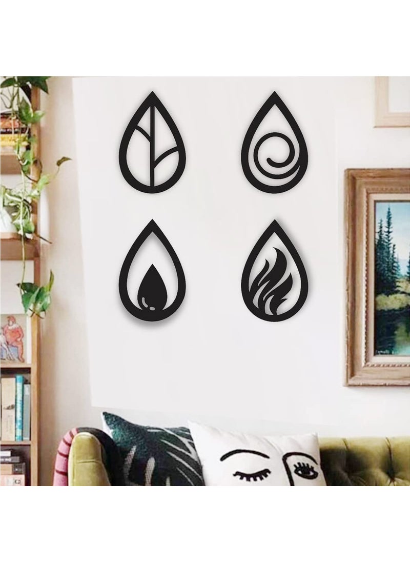 300Sparkles 4 Elements Wooden Wall Decor Water Drop Shape Hanging Frame Home Decorative Gift Item For Office Living Room Bedroom Kids Room Decoration Black 4 Pcs Set
