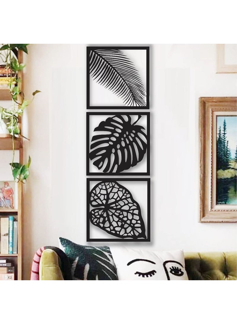 300Sparkles Leaf Design Wooden Wall Hanging Frame Black Medium 10 x 10 Inch 3 Pcs