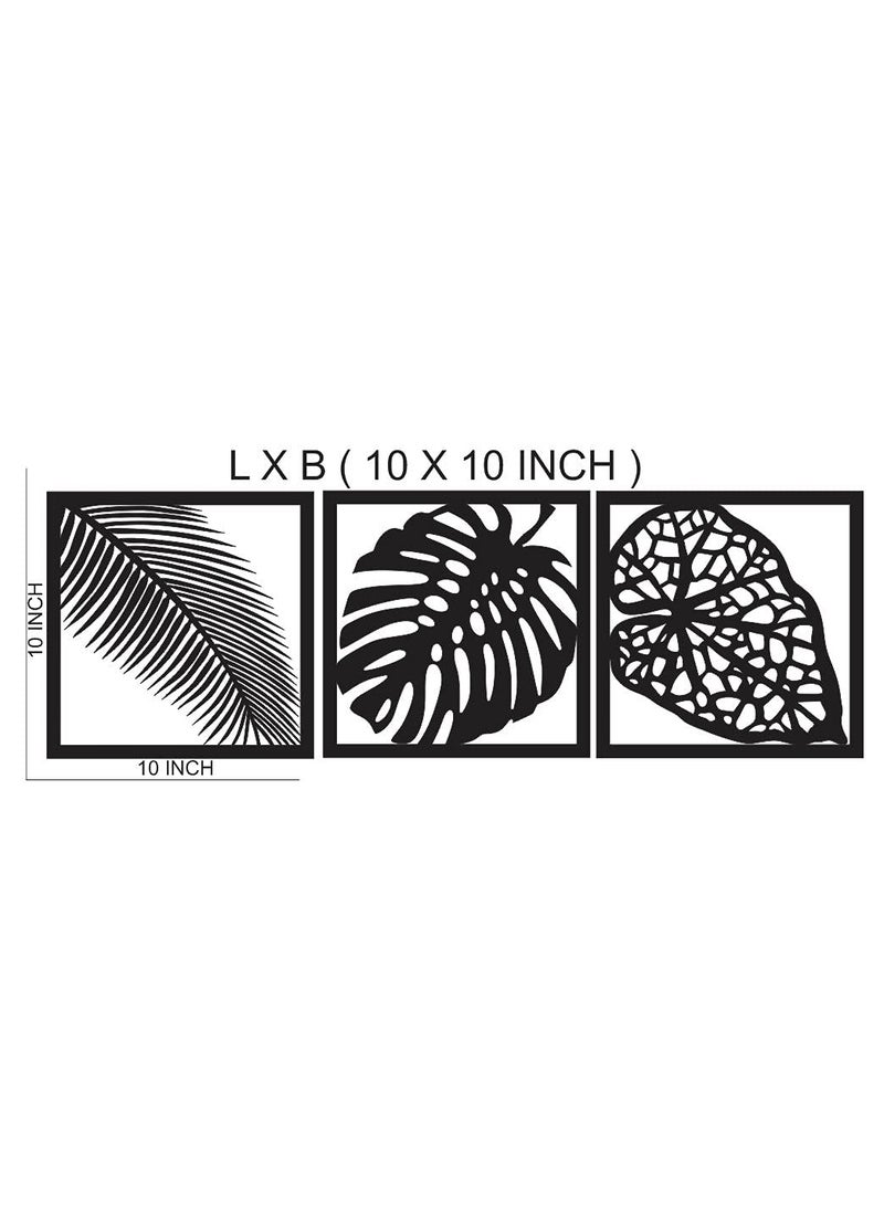 300Sparkles Leaf Design Wooden Wall Hanging Frame Black Medium 10 x 10 Inch 3 Pcs