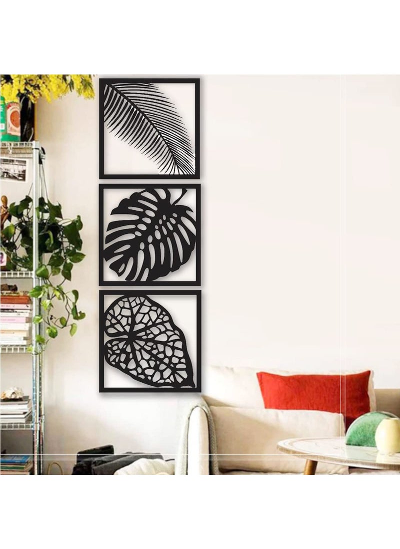 300Sparkles Leaf Design Wooden Wall Hanging Frame Black Medium 10 x 10 Inch 3 Pcs