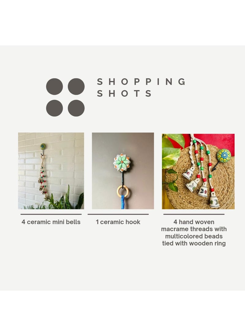 Shopping Shots Macrame Symphony Symphony Chimes Set of 4 Mini Bells Tied with Hand Woven Cotton Macrame Rope Ceramic Hook Included to Hang Chime