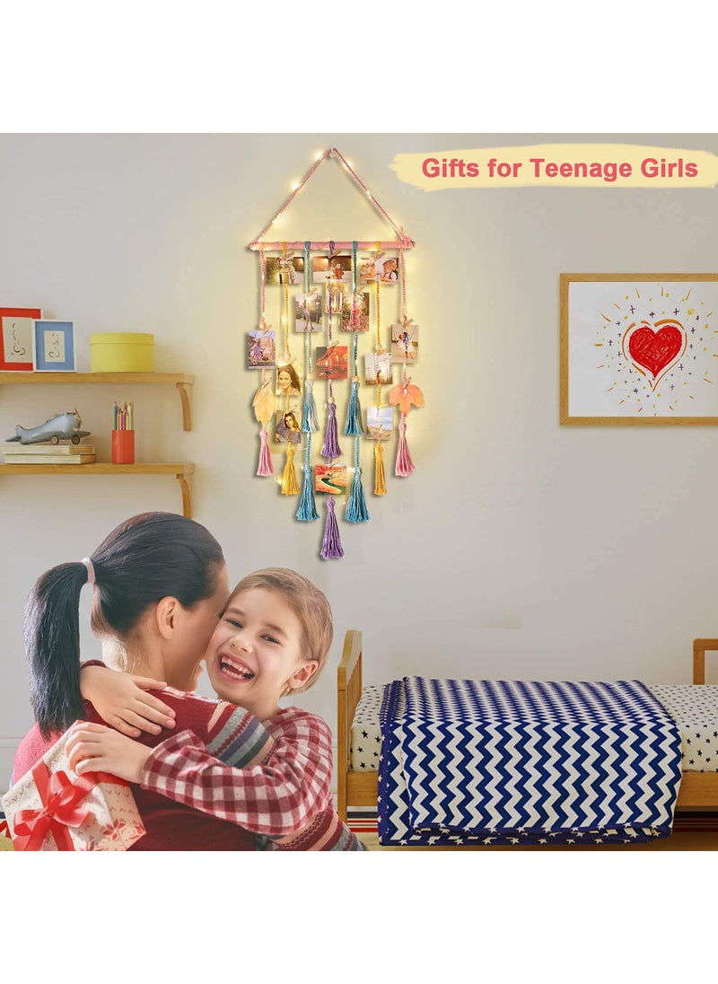 Homecor Room Decor for Teen Girls Hanging Photo Display Macrame Picture Collage Wall Decor Boho Decor for Bedroom Apartment Dorm Room with Remote Light Christmas Birthday Gifts for Teenage Girls