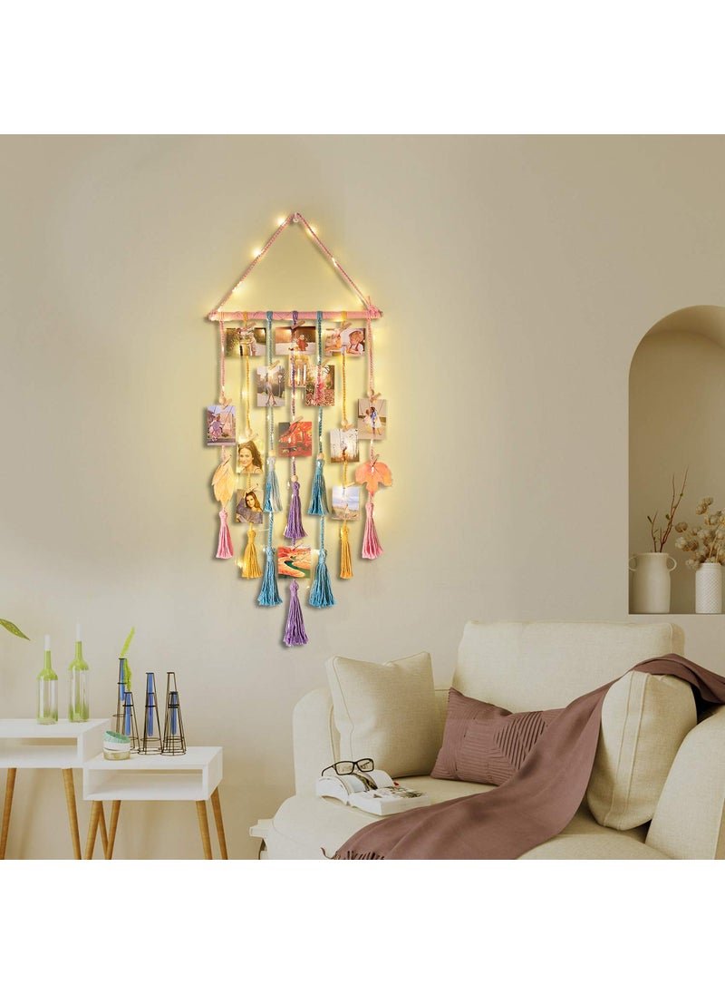 Homecor Room Decor for Teen Girls Hanging Photo Display Macrame Picture Collage Wall Decor Boho Decor for Bedroom Apartment Dorm Room with Remote Light Christmas Birthday Gifts for Teenage Girls