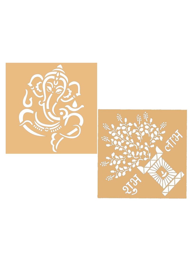 3Millions 2 PcsSet Rangoli Stencils 10 x10 Inch Ganpati Stencil Subha Labha Stencils Wall StencilTile StencilFloor Decoration Stencils Diwali Home Office Temple