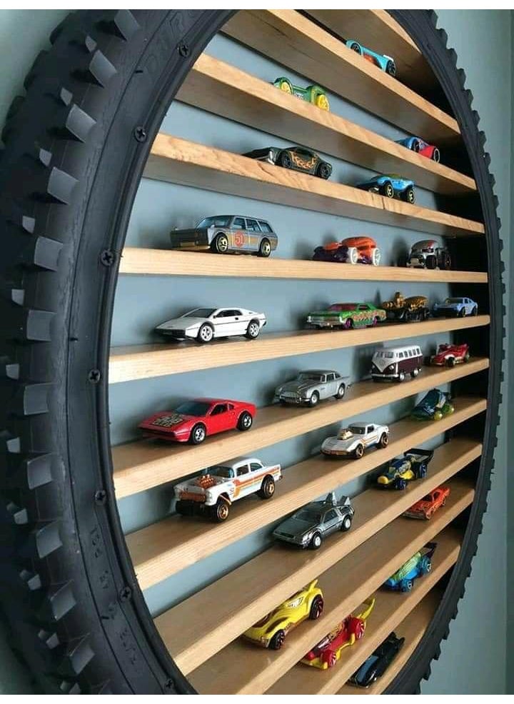 WoodHub Industrial Wooden Wall Hanging Lighting Tire White 60 x 5 inches Wall Art for Bedroom Living Room Dining Room Kids Toys Stand Heavy Duty Hot Wheels Theme