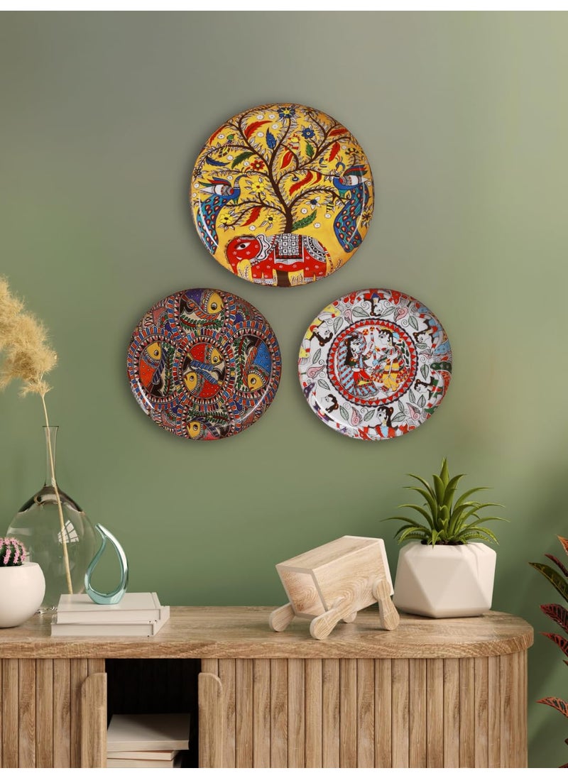 Homspurts Madhubani Iron Wall Art Home Decor Intricate Traditional Designs Handcrafted Artistic Gift Modern Wall Hanging for Living Room Office Set of 3 12 10 Inches Multicolour