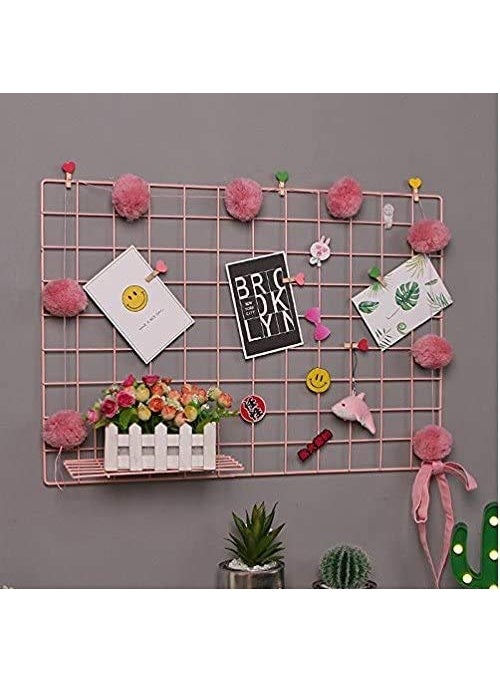 Pikify DIY Steel Grid Photo Frame for Wall 45 65cmBlack Clip Holder Photo FrameMulti Functional Creative Mesh Wall Grid Pink Rectangular