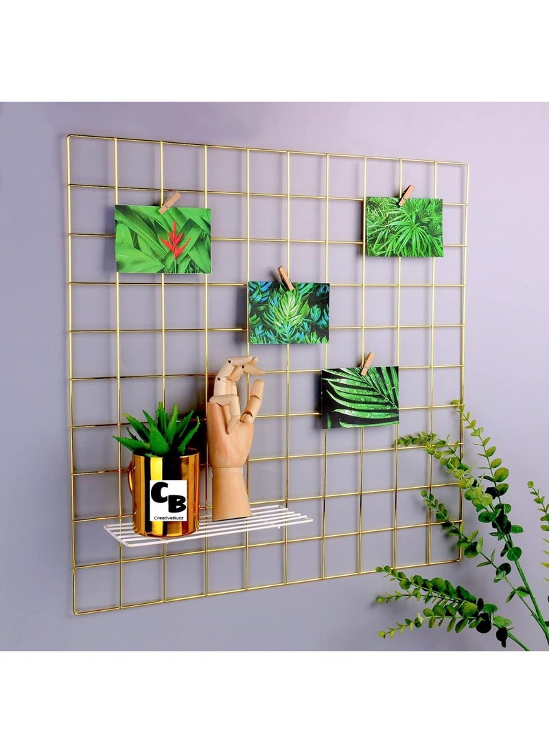CreativeBuzz Steel Photo Collage Grid And 10 Wooden Deginer Clips Photo frame grid DIY Mesh Wire Frame Metal Hanging Aesthetic Moments Photo Wall Dcor for Home Living Room and office Gold