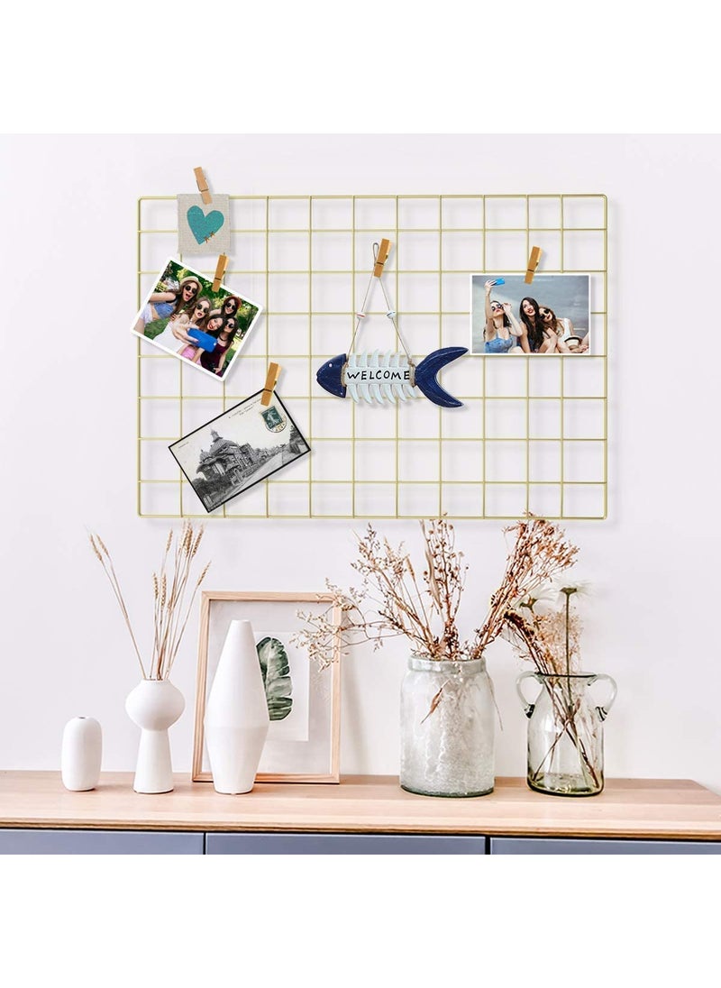 CreativeBuzz Steel Photo Collage Grid And 10 Wooden Deginer Clips Photo frame grid DIY Mesh Wire Frame Metal Hanging Aesthetic Moments Photo Wall Dcor for Home Living Room and office Gold