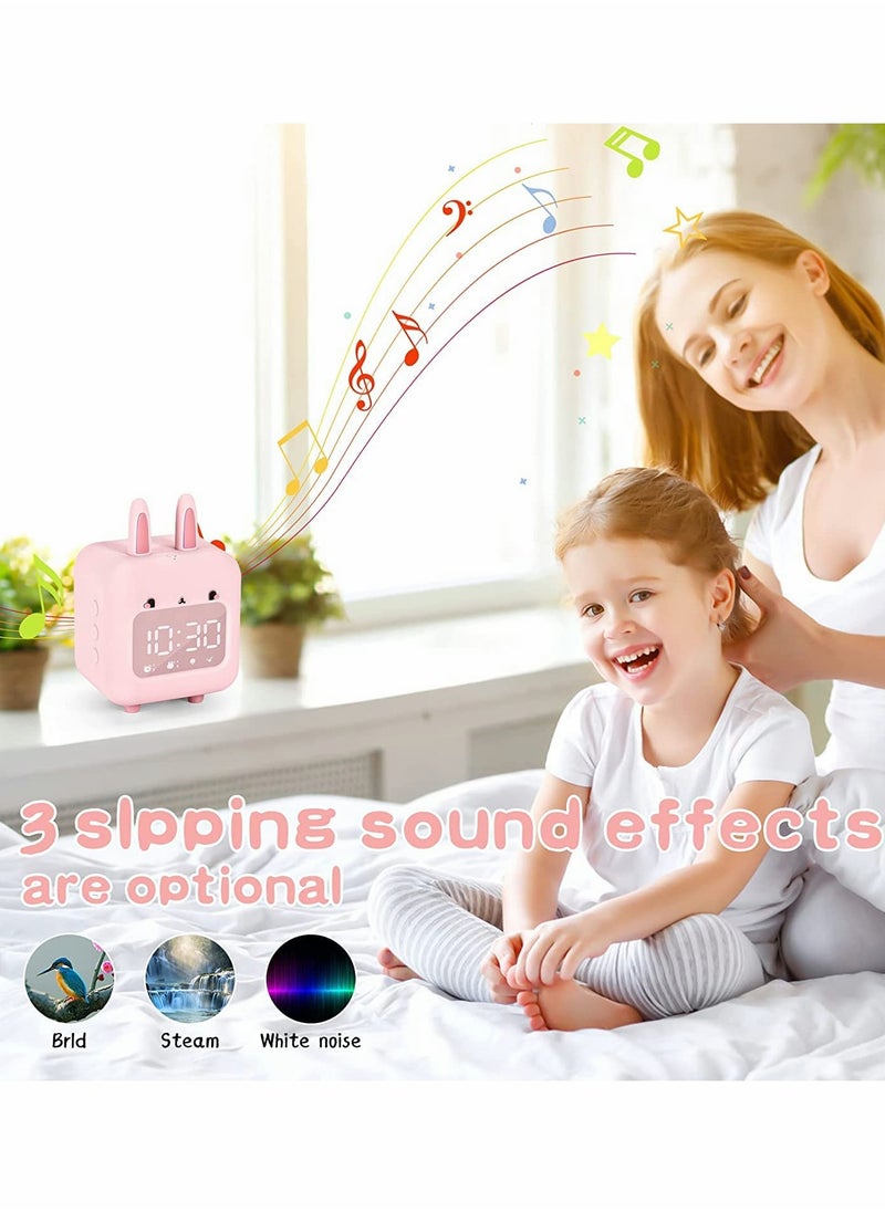 Kids Alarm Clock, Digital Night Light Sound Activated Chime White Noise Customizable Ringtones Cute Bunny Alarm Clock with USB