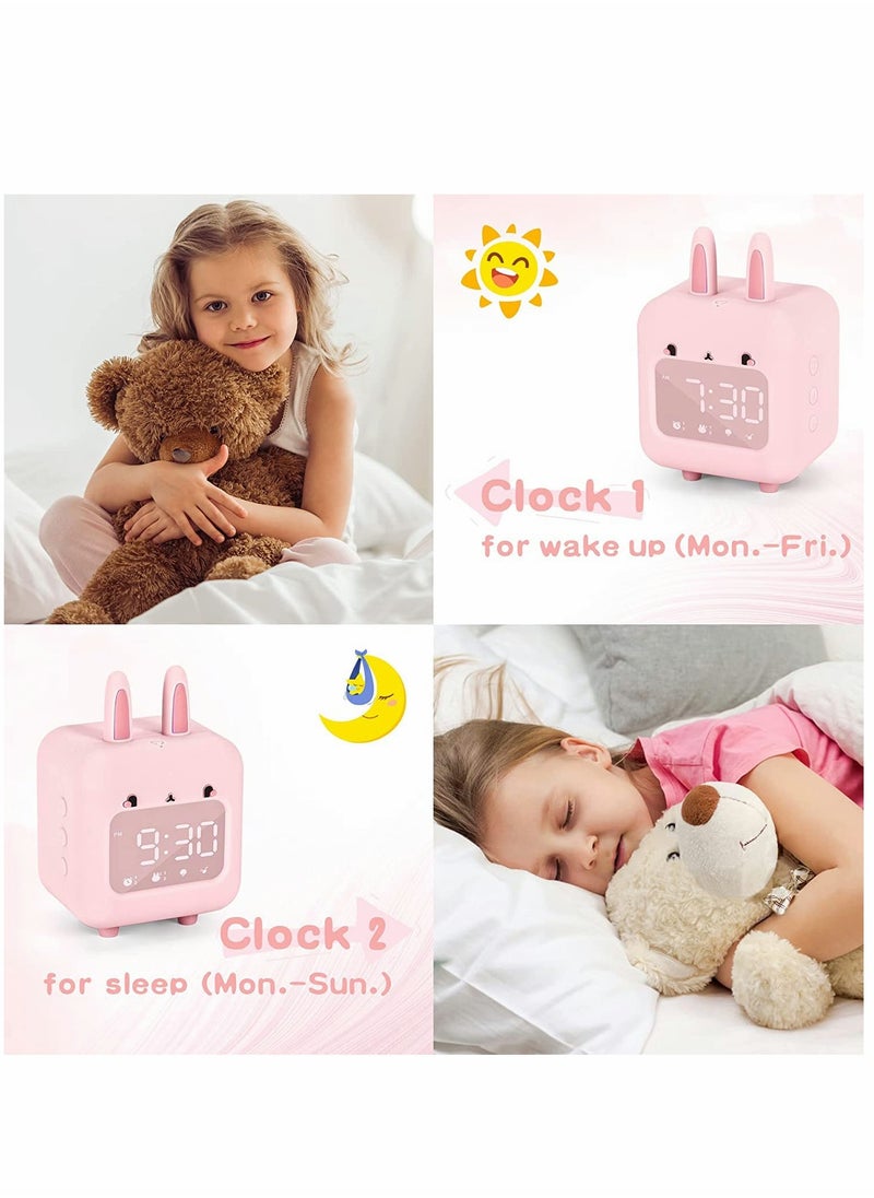 Kids Alarm Clock, Digital Night Light Sound Activated Chime White Noise Customizable Ringtones Cute Bunny Alarm Clock with USB