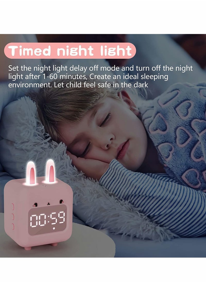 Kids Alarm Clock, Digital Night Light Sound Activated Chime White Noise Customizable Ringtones Cute Bunny Alarm Clock with USB