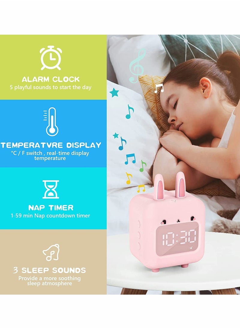 Kids Alarm Clock, Digital Night Light Sound Activated Chime White Noise Customizable Ringtones Cute Bunny Alarm Clock with USB