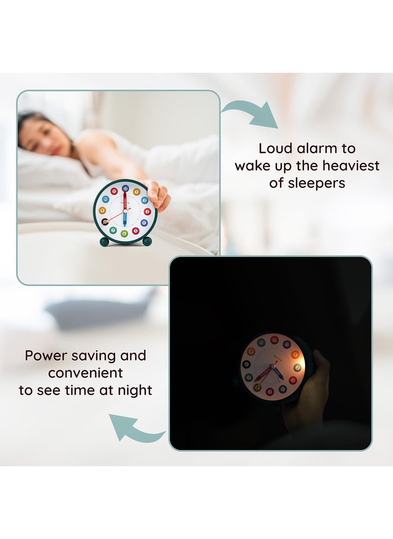 ABOUT SPACE Alarm Clock Silent Analog Table Alarm Clock with Night Light Battery Powered Multicolour Design for Home Office Students Kids GreenBattery not Included L108xB52xH112cm Metal