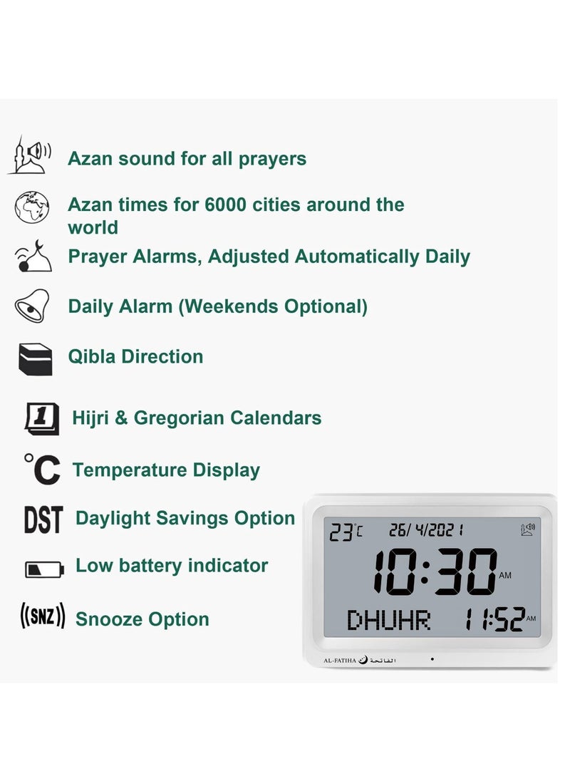 Azan Clock Muslim Prayer Times AL-FATIHA azan Clock/Multifunctional Clock/Decorative Clock/Mosque Clock-White