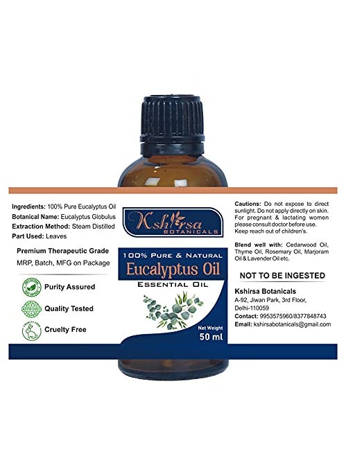 Kshirsa Botanicals Eucalyptus Essential Oil Skin Face Hair Care Pure Undiluted Therapeutic Grade Oil Aromatherapy 50 ml