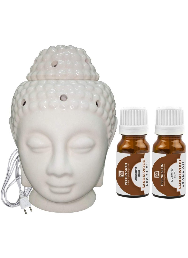 Peepresion Ceramic Electric Buddha Aroma Diffuser Night Lamp Light with 2 Sandalwood Aroma Oil 10ml Each for Home Office Hotel Spa