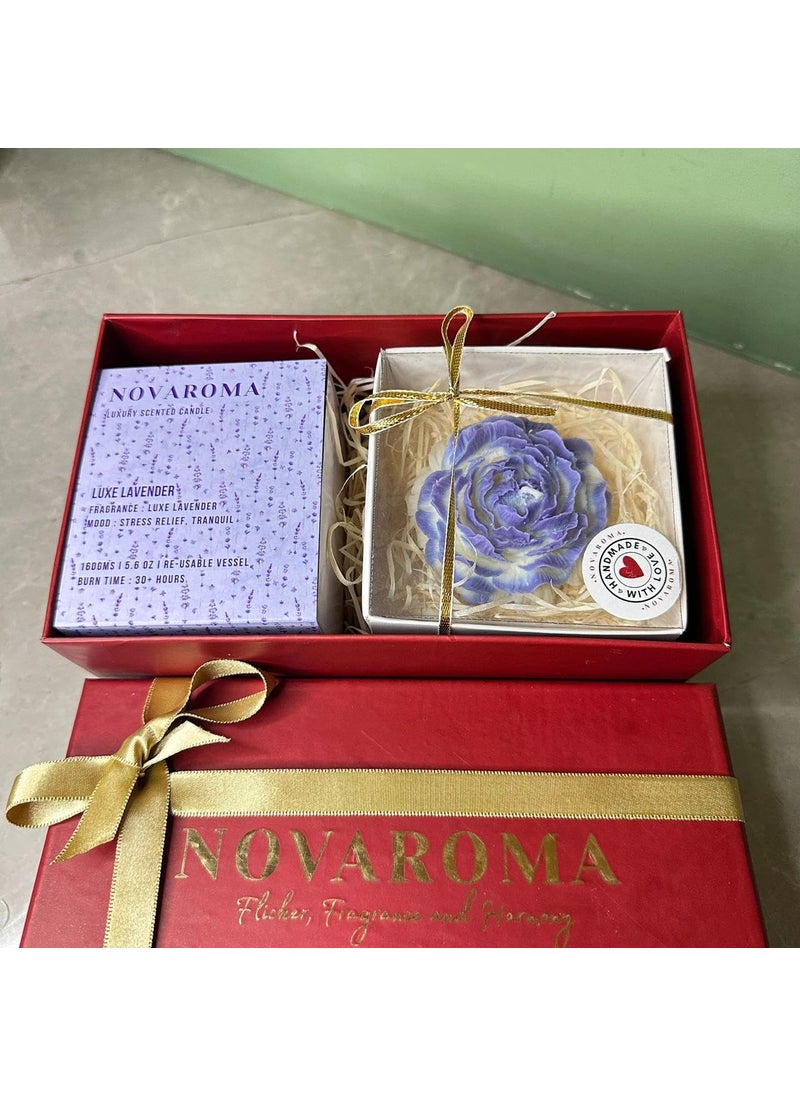 Novaroma Luxe Lavender Peony Scented Candle Gift Set Frosted Jar Purple Peony Candle Soy Wax Premium Essential Oils Long Burning Hours Environmental Friendly Candles Purple Gift Set