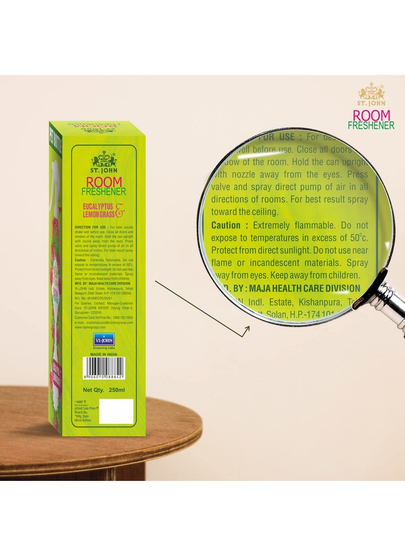 ST JOHN COBRA Room Freshener Long Lasting Upto 24 Hrs Fragrance Eucalyptus and Lemongrass Combo Pack of 2 Spray 250 ml x 2