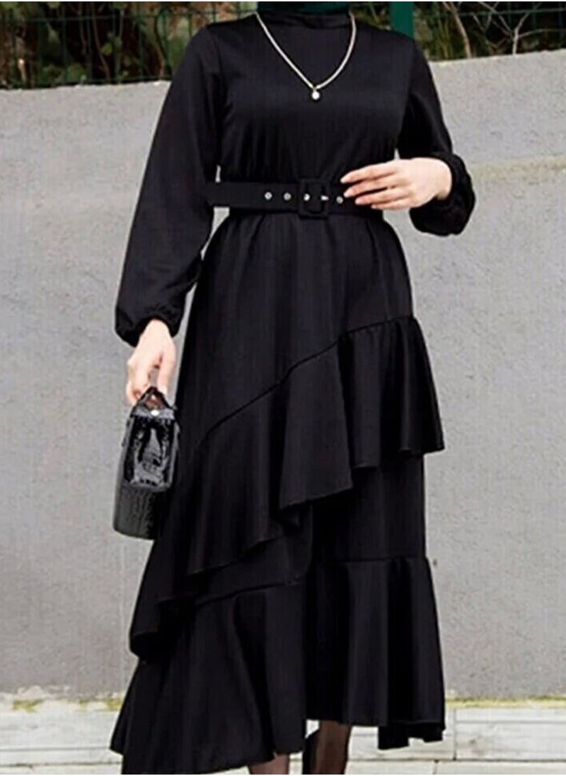 Elegant Middle Eastern-Inspired Dress with Pleated Hem and Stylish Belt - Perfect for Muslim Professional Women and Versatile Occasions