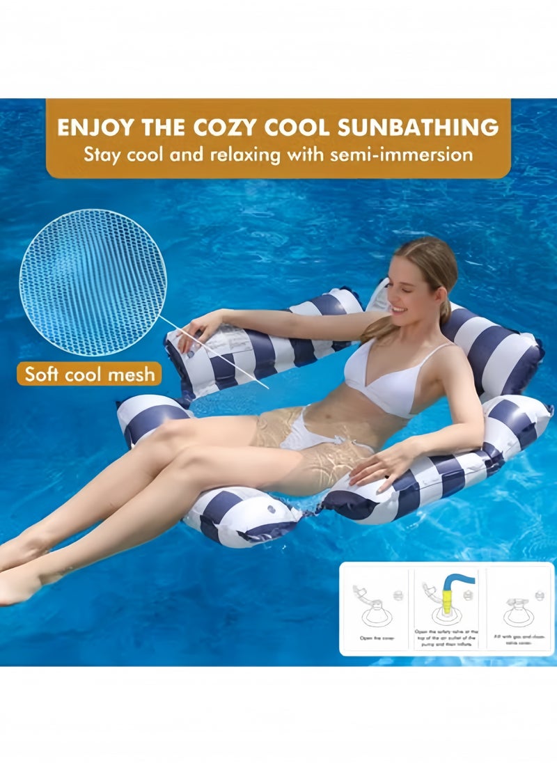 2Pcs Inflatable Pool Float Chair Lounge for Adults and Kids Floating,Stripe Pattern Float Hammock for Pool Party Summer Water Fun, (Blue+Pink)
